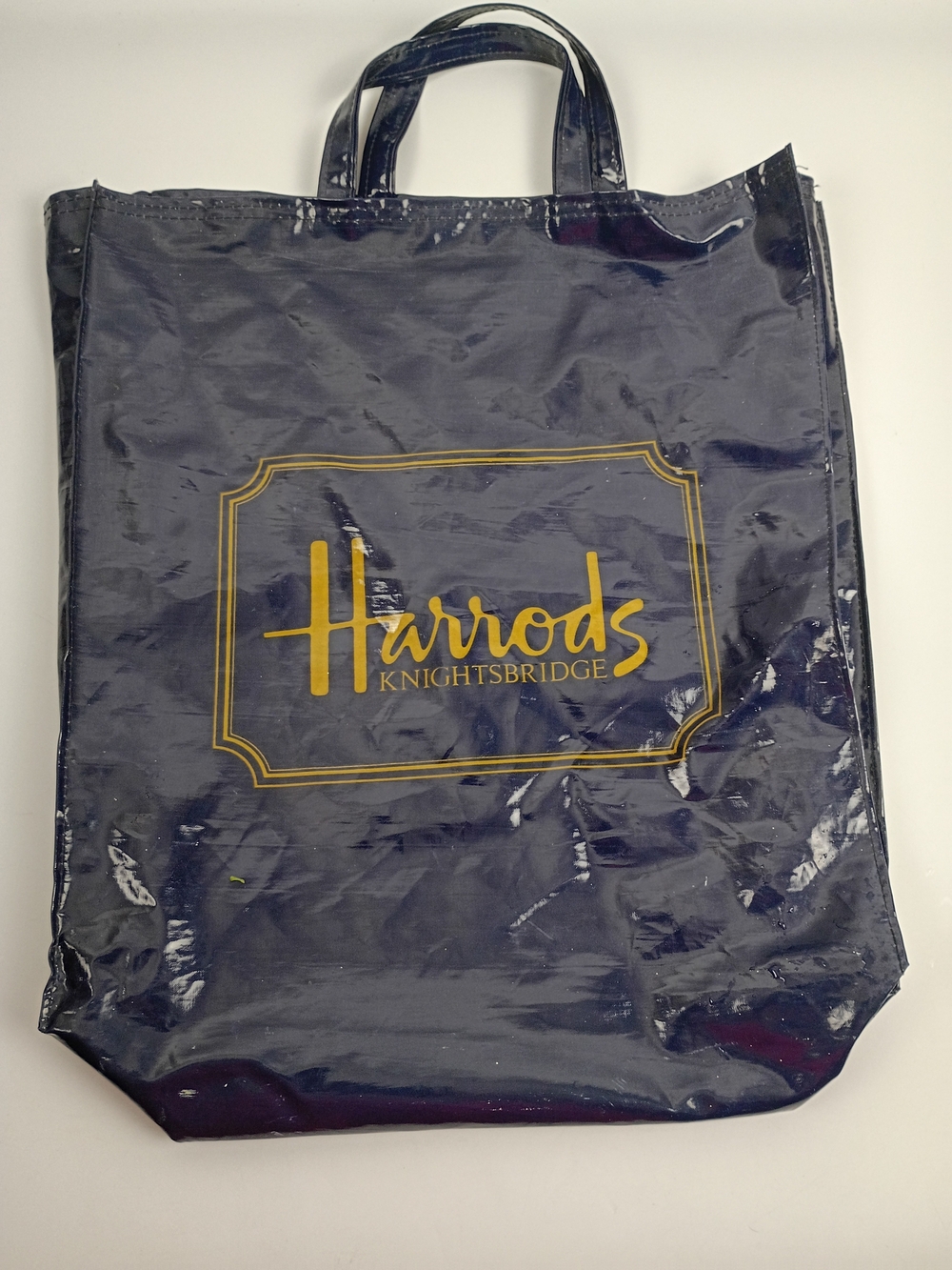 Harrods Navy Blue Shiny Tote Bag with Gold Logo